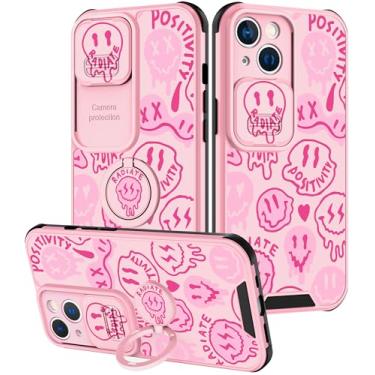 Imagem de Goocrux (2 em 1 para iPhone 13 Mini capa com rosto sorridente para mulheres e meninas capa de telefone com design de sorriso com capa de câmera deslizante + suporte de anel exclusivo para adolescentes rosa distorcidos para iPhone13 Mini 5,4 polegadas