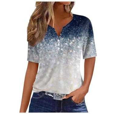 Imagem de Camisetas femininas de verão 2024 túnica de botão Y2K, manga curta, estampa floral, gola V, roupas fofas, Ofertas relâmpago azul escuro, G