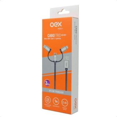 Imagem de Cabo Trio Micro Usb Type C E Lightning Nylon Oex Ce301 1M Cinza - OEX 