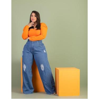 Imagem de Calça Jeans Feminina Wide Leg Escura Destroyed Plus Size - Explosao, 5