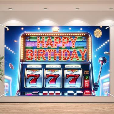 Imagem de Winning the 777 Jackpot Happy Birthday Banner Pano de fundo Las Vegas Casino Night Slot Machine Decoração temática para Lucky Guy Boy Girl Casino Game Birthday Party Favors Decorações Suprimentos