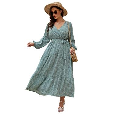 Imagem de KOJOOIN Vestido longo feminino plus size com decote em V, cintura alta, babados, manga comprida, verde leopardo, Flor de leopardo verde de manga comprida, 4G
