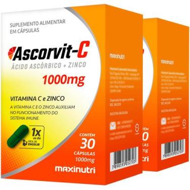 Imagem de Kit 2 Vitamina C e Zinco Ascorvit C 1000mg 30 Cápsulas Maxinutri