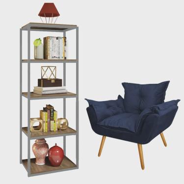 Imagem de Kit Poltrona Fatte com Estante Livreiro Ferro Prata mdf Caramelo Suede Azul Marinho - Ahazzo Móveis