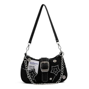 Imagem de Ecohaso Bolsa de ombro Grunge bolsa Hobo Fairy Grunge corrente jeans Y2K bolsas bolsa transversal para mulheres, Preto, Small