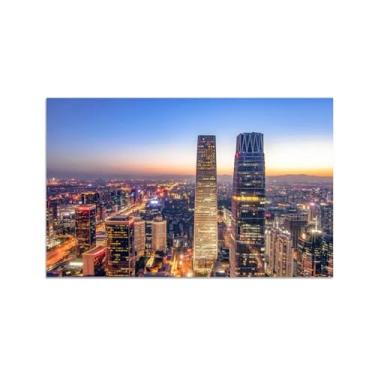 Imagem de MUHJDYC Arte de parede de paisagem urbana - pintura de paisagem arte de parede em tela para sala de estar - impressões panorâmicas em tela pôster - arranha-céus visão noturna 70 x 110 cm - 27 x 43 pol