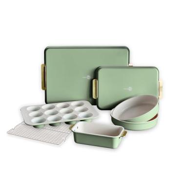 Imagem de GreenPan Conjunto de utensílios de cozinha, 7 peças antiaderentes de cerâmica dourada assadeiras, formas de bolo, forma de pão, lata de muffin, rack de resfriamento, sem PFAS e BPA, congelador para