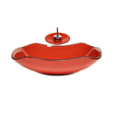 Imagem de Cuba de Vidro Abaulada 45cm + Válvula + Torneira Cascata Vermelho