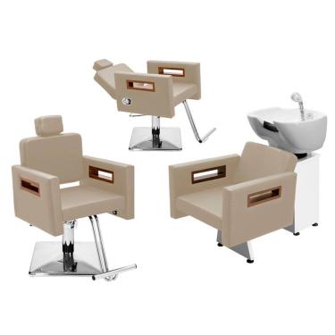 Imagem de Kit Salão de Beleza 1 Cadeira Fixa + 1 Reclinável Quadrada + 1 Lavatório Tunísia
