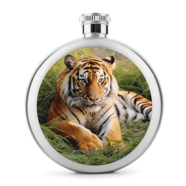 Imagem de Cantil de aço inoxidável, tigre deitado na grama, frasco de metal, clássico, cantil, garrafa de viagem, garrafa portátil de licor