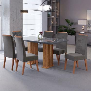Imagem de Mesa de Jantar 6 Lugares Platina com Vidro Ripado Marrom/Cinza/Grafite - Viero Móveis