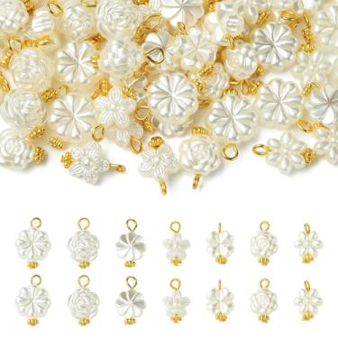 Imagem de LiQunSweet 70 peças, 7 estilos de pingentes florais de imitação de pérola de plástico ABS, trevo de rosa branca, margarida, pingentes florais para joias faça você mesmo, colar, brinco, bolsa, chaveiro