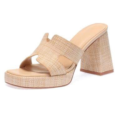 Imagem de Salto plataforma ráfia para mulheres – chinelos de tecido de bico aberto com bloco grosso, sandálias elegantes de palha natural de verão, sandálias elegantes de férias, salto confortável, nº 21 bege
