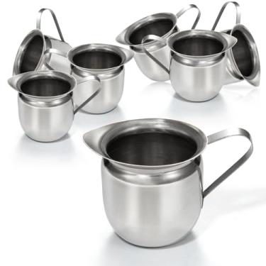 Imagem de [Pacote com 6] Jarra de creme de 227 g – Cremes de sino de aço inoxidável, mini recipiente para servir leite, creme de café, molho de salada, xarope de bordo, açúcar, máquina de café expresso para