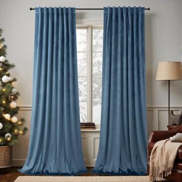 Imagem de Cortinas de veludo azul empoeirado 203 cm de comprimento, conjunto de 2 painéis para sala de estar, moderna, luxuosa, texturizada, escurecimento térmico, cortina longa com bloqueio de drapeado azul