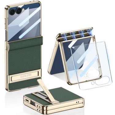Imagem de Capa de couro para Samsung Galaxy Z Flip 7 com suporte invisível e protetor de tela integrado e proteção magnética de dobradiça, capa de couro PU à prova de choque para Samsung Z Flip 7 (verde)