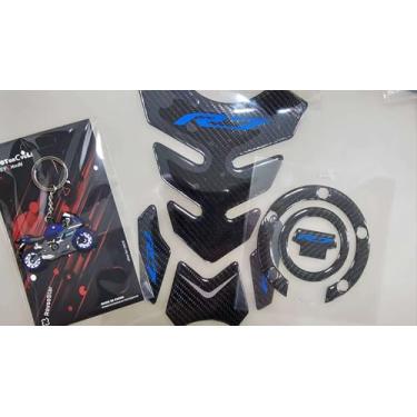 Imagem de REVSOSTAR Carbono real 5D, protetor de tanque de gasolina de motocicleta, adesivo cinza para almofada de tanque, tampa de tanque, decalque de tampa de combustível para R7 2021-2024 (azul)