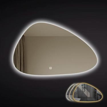 Imagem de Espelho De Banheiro Retroiluminado Com Luzes, Espelho De Maquiagem Espelho Decorativo Chanfrado Assimétrico Sem Moldura Moderno - Borda Polida, 3 Colors+dimmable, 50 * 70cm