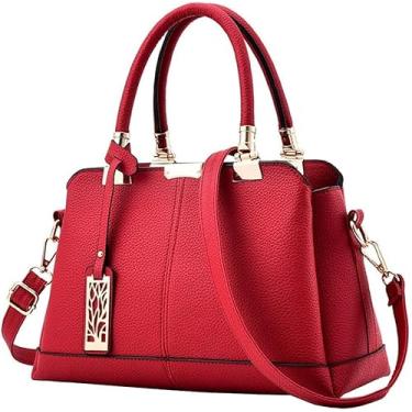 Imagem de Bolsa Feminina Lychee Pattern Top Handbag Tote Bag Pasta Com Alça De Ombro De Couro Destacável, Red