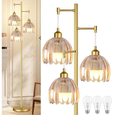 Imagem de QIYIZM Candeeiro de chão dourado para sala de estar, quarto, árvore 3 lâmpadas de pé de luz de pé de latão moderno de meados do século lâmpadas de chão vintage retro luzes de chão flores de vidro