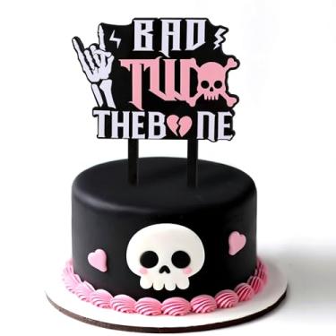 Imagem de CORNER LACE Bad Two The Bone Cake Topper 2nd Birthday Decorations- Black Pink Acrylic Double Layer, Gothic Skeleton Skull Cake Pick, Halloween Rock Music Theme Second Bday Party Supplies