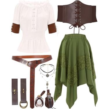 Imagem de Geyoga Conjunto de fantasia de pirata feminina com saia de pirata renascentista, espartilho, cinto, poção, garrafa, fantasia de pirata de Halloween, Branco e verde, XXG