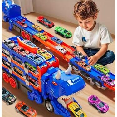 Imagem de Caminhão Transportador Dinossauro 3 em 1, Maleta com 6 Carrinhos, Brinquedo Educativo (Azul)