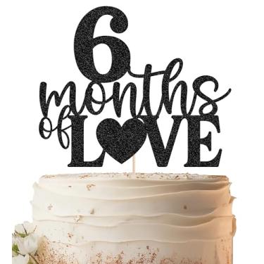 Imagem de EONNCNT Topo de bolo 6 Meses de Amor - Suprimentos de decoração de bolo de meio aniversário com glitter preto para chá de bebê, revelação de gênero ou adereços de cabine de fotos de festa de