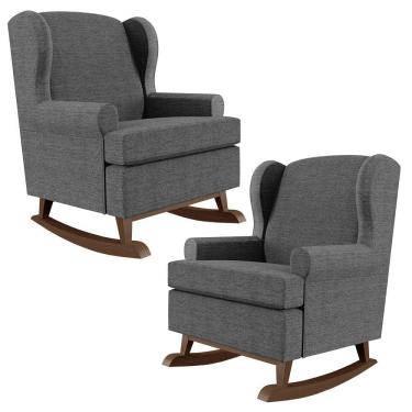 Imagem de Kit 02 Poltronas De Amamentação Com Balanço Malu Base De Madeira P02 Linho Cinza Escuro - Lyam Decor