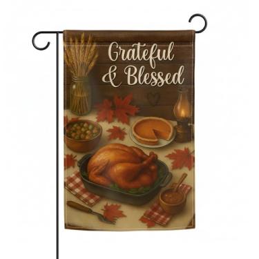 Imagem de FLAGMEUP8386 Bandeira de jardim de Ação de Graças 30,5 x 45,7 cm dupla face poliéster grateful and Blessed Script com design de festa de colheita decoração de outono ao ar livre para celebrações de