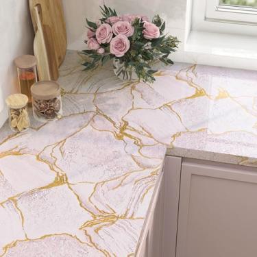 Imagem de LACHEERY Papel de contato de mármore rosa e dourado para bancadas à prova d'água papel de parede de mármore rosa brilhante descascar e colar bancadas envoltório de vinil de cozinha para armários de
