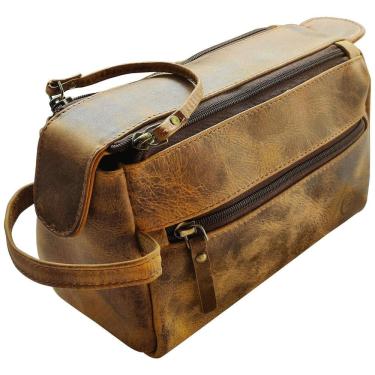 Imagem de Rustic Town Necessaire Masculina Vintage de Couro com Forro à Prova dÁgua, Marrom