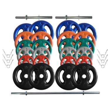 Imagem de Kit Anilhas Emborrachadas 100 Kg + Barras com Presilhas - 2M