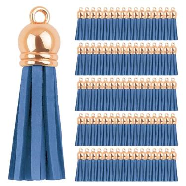 Imagem de Mandala Crafts 100 peças de boné de ouro rosa com borlas de camurça sintética azul empoeirado suprimentos para fabricação de chaveiros – Borlas de couro pequenas para pingentes, fabricação de joias e