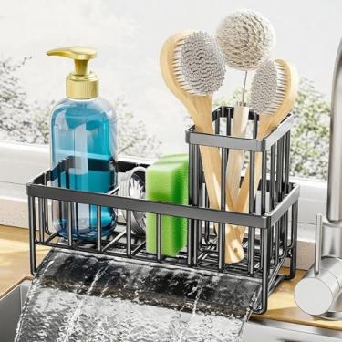 Imagem de Organizador de pia de cozinha com suporte de escova alto, suporte de esponja à prova de ferrugem de aço inoxidável 304 para pia, organizador de dispensador de sabão de bancada, acessórios de cozinha e