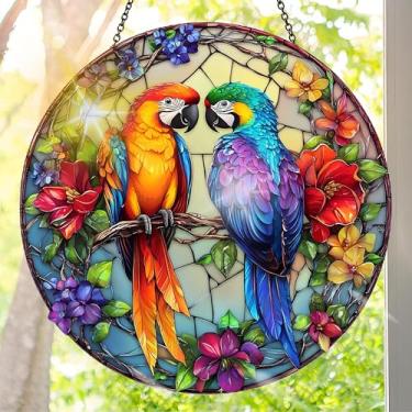 Imagem de Apanhador solar de acrílico colorido, decoração de janela suspensa de pássaros com design de vitral impresso, apanhador de sol, arte de parede de arco-íris, ideia de presente e ornamento de jardim