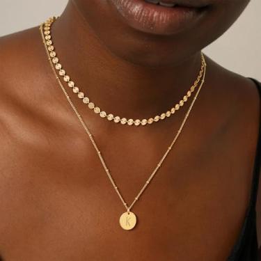 Imagem de Colar de ouro delicado com inicial em camadas banhado a ouro 14 K com corrente de contas e letras para mulheres, joias personalizadas minimalistas, Medium, Latão, Sem Pedra Preciosa
