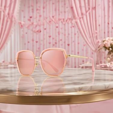 Imagem de Óculos de sol femininos vintage com armação de escudo grande para mulheres com caixa de presente, Armação rosa Tra/Lente espelhada rosa/hastes douradas, Lens Width: 55 Millimeters