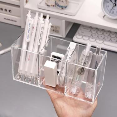 Imagem de Porta-lápis de acrílico com 3 compartimentos, organizador de papelaria transparente para mesa