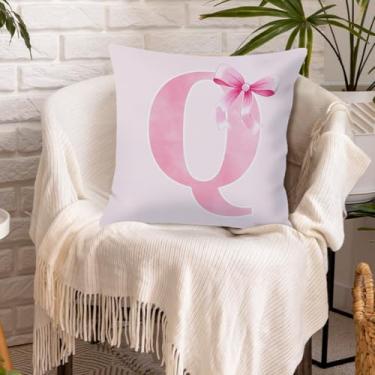 Imagem de Capa de almofada Coquette moderna com laço rosa preppy inicial personalizada para meninas adolescentes presentes monograma fronha pautada para faculdade capa de almofada de poliéster para sofá, sala