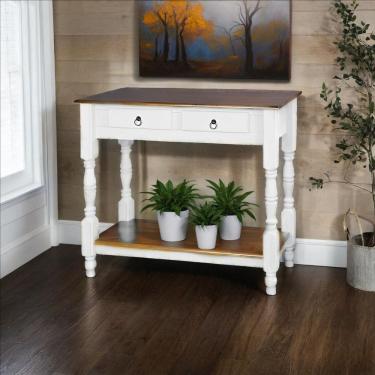 Imagem de Aparador Para Sala Rústico Com 2 Gavetas 1 Prateleira Pés Torneados - Branco Laca E Tampos Castanho Envelhecido