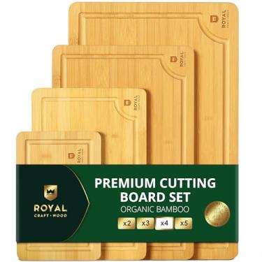 Imagem de Tábua de corte de bambu orgânico com ranhura para suco – Melhor tábua de cortar para carne (bloco de açougueiro) queijo e legumes | Bandeja de servir com alças (4 peças)