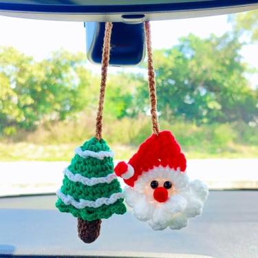 Imagem de Acessórios de espelho retrovisor de árvore de Natal de crochê, enfeite de carro de Papai Noel feito à mão, acessórios fofos para carro e pingente de bolsa, decoração de árvore de Natal