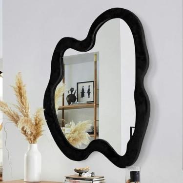 Imagem de FYLFANYAN Espelho de parede irregular, espelho ondulado verde, espelhos decorativos assimétricos com moldura de madeira, espelho de parede moderno para quarto, banheiro, sala de estar, decoração