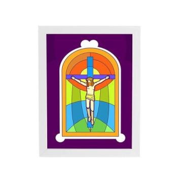 Imagem de Quadro Jesus Cristo Cruz Vitral Moldura Branca 60X40Cm - Plimshop