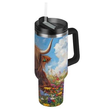 Imagem de SEHANY Copo Highland Cow de 850 g com tampa e canudo, aço inoxidável de vácuo duplo isolado garrafa de água esportiva suporte para copo de café de viagem à prova de vazamento para bebida gelada