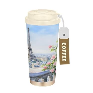 Imagem de SEHANY Caneca de viagem Torre de Paris em aquarela de 500 ml Copos de café reutilizáveis revestidos de cerâmica com tampa à prova de vazamento, parede dupla, isolamento a vácuo, copo de café de aço
