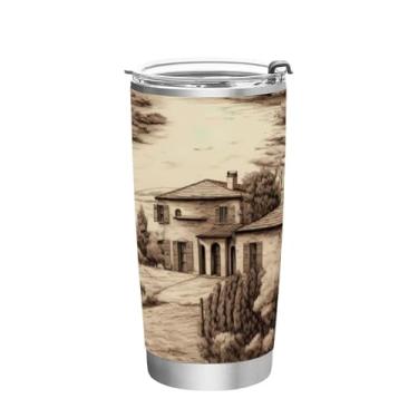 Imagem de Blueangle Copo de 590 ml com tampa e canudo, copo de café com água isolada a vácuo de aço inoxidável, caneca de viagem para casa toscana, copo térmico para bebidas quentes e frias (254)