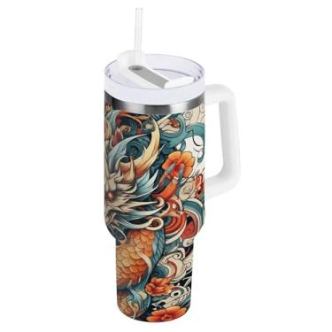 Imagem de xigua Copo vintage com estampa de dragão de 850 g com tampa e canudo, aço inoxidável de vácuo duplo isolado garrafa de água esportiva suporte para copo de café de viagem à prova de vazamento para