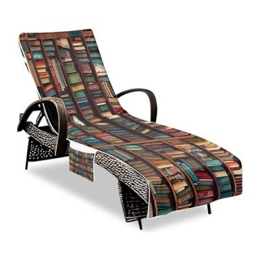 Imagem de KEEPREAL Library Bookshelf capa de toalha para cadeira de descanso com 3 bolsos – capa de praia e espreguiçadeira de secagem rápida para piscina, jardim, viagens ao ar livre (213 x 76 cm) #319